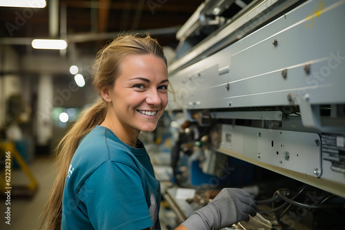 Woman mechanic repair industrial equipment, appliance. Generative AI