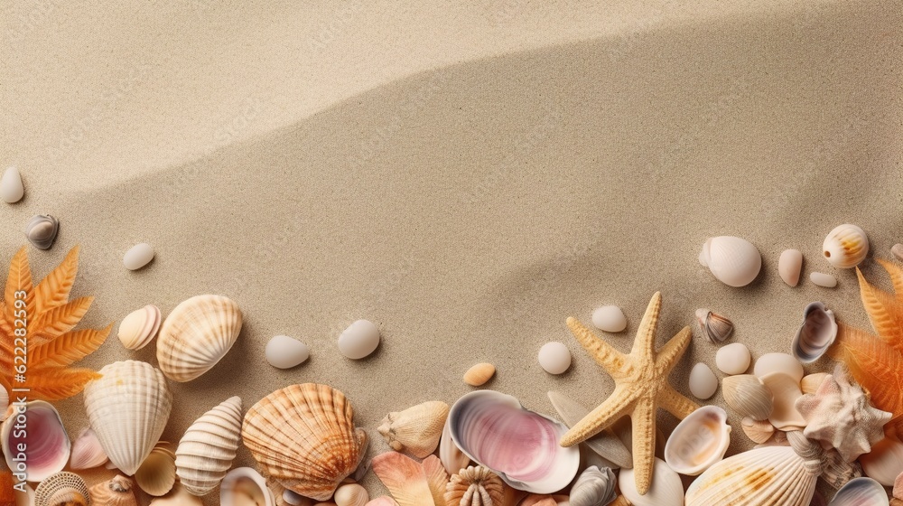 Seashells on the sand, Mockup with a sand background and a summer theme, Generative AI