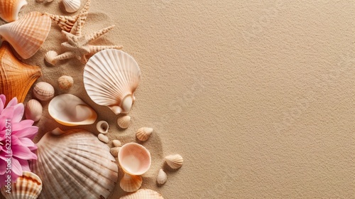 Seashells on the sand, Mockup with a sand background and a summer theme, Generative AI