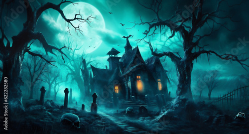 bat halloween cemetery night grave moon pumpkin holiday dark horror. Generative AI.