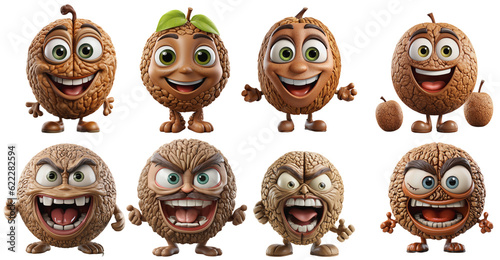 collection of happy, smiling and angry walnut figures, cartoon characters on a transparent background, Generative AI