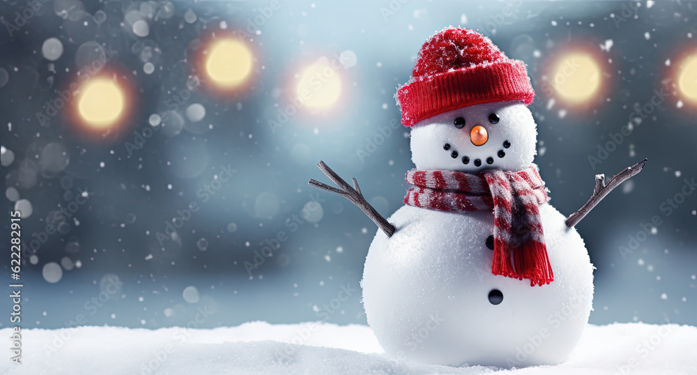 Snowman in Winter Wonderland / Merry Christmas / Cute Red Hat Snowman / Snow – Generative Ai