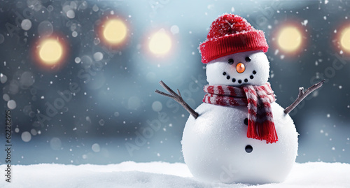 Snowman in Winter Wonderland / Merry Christmas / Cute Red Hat Snowman / Snow – Generative Ai © DigitalMuse