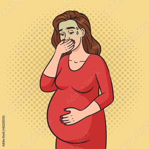 Pregnant woman with morning sickness nausea schematic vector illustration. Medical science educational illustration