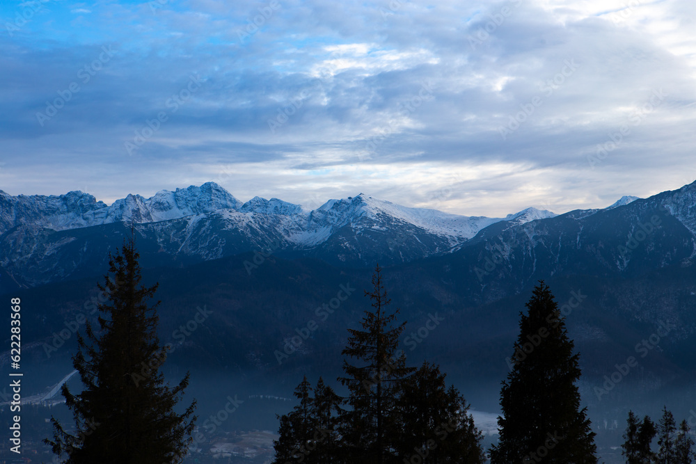 Fototapeta premium Gubalowka - view on panorama of Tatras at sunset, Poland.