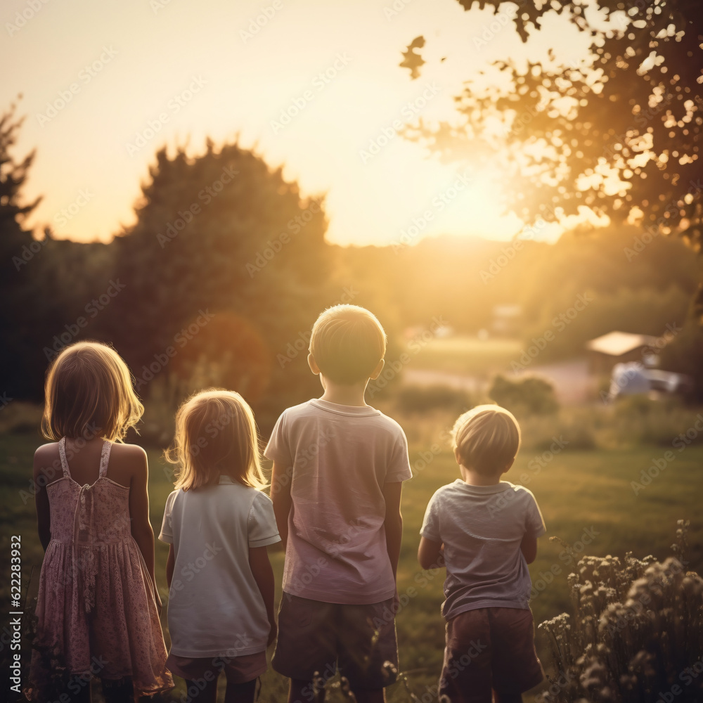 View from behind a group of young children watching the sunset in an urban neighbourhood.