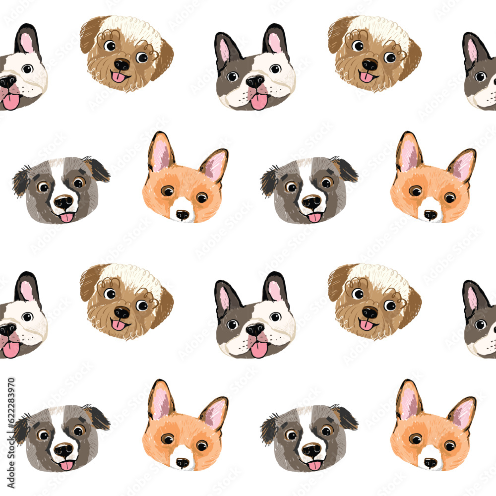 Fototapeta premium Seamless Pattern of Hand Drawn Cartoon Dog Face Design, Watercolor Style, on White Background