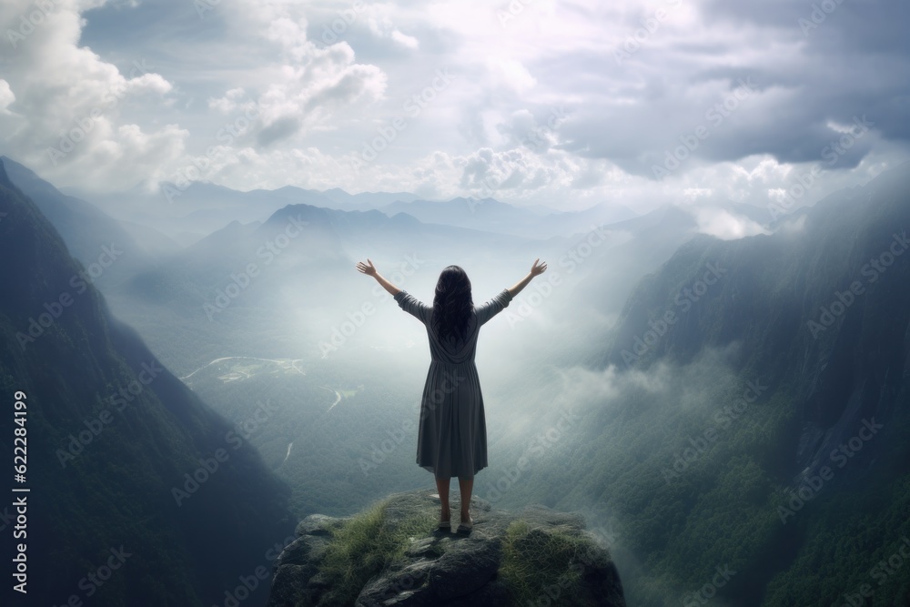 Woman on top of mountain with beautiful sky landscape. 