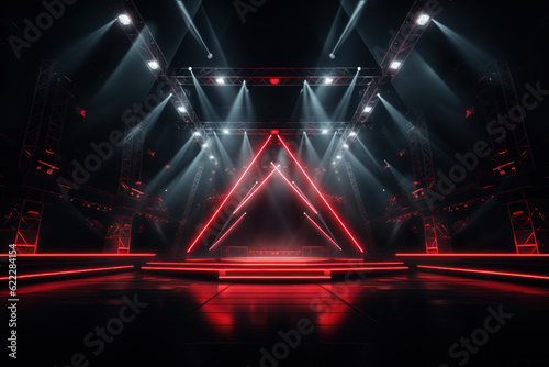 Big stage with red neon light luminance background. © ant