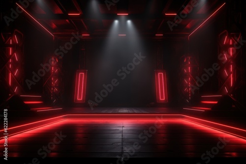 Big stage with red neon light luminance background.