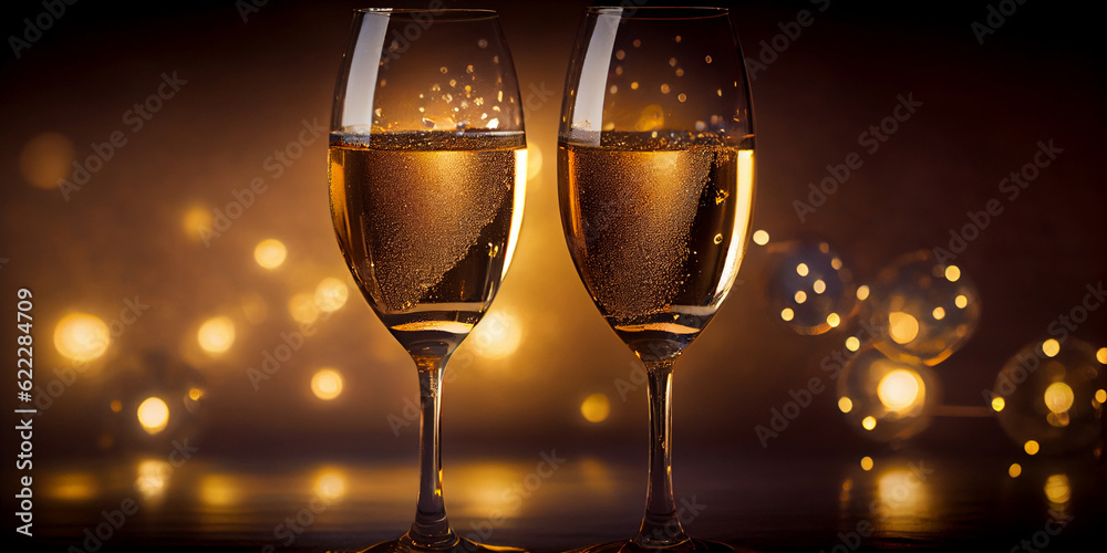 Two glasses of champagne on a sparkling festive dark background, close-up. Generative AI