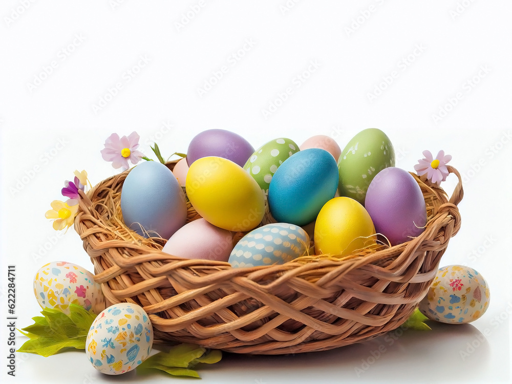 Multi-colored painted Easter eggs inside a wicker basket. Generative AI