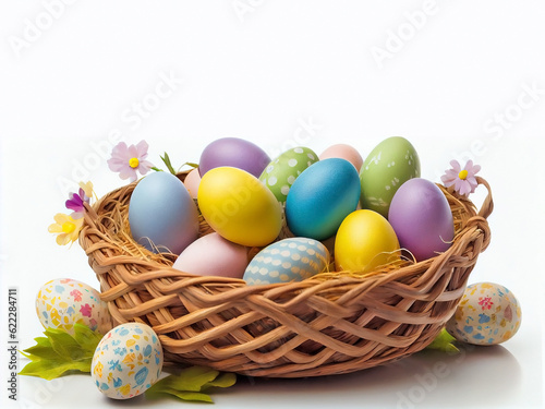 Multi-colored painted Easter eggs inside a wicker basket. Generative AI