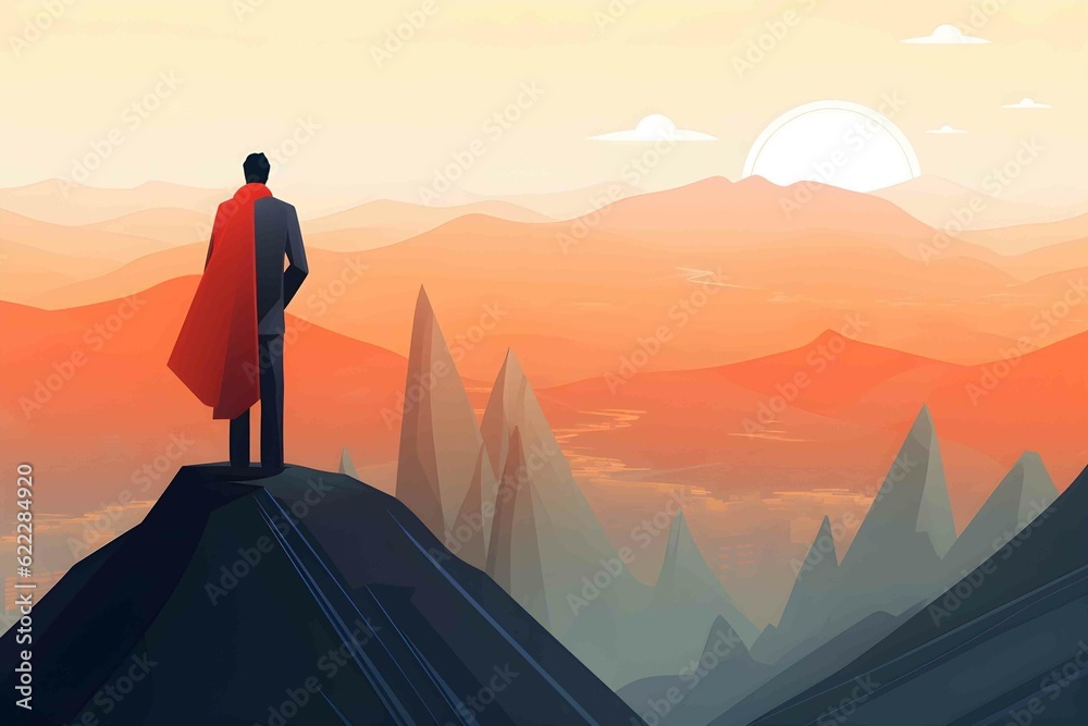 A businessman striking a heroic pose on a mountain summit. Exploring new paths and achieving business success. Persistence, leadership, and entrepreneurial spirit. Generative AI 