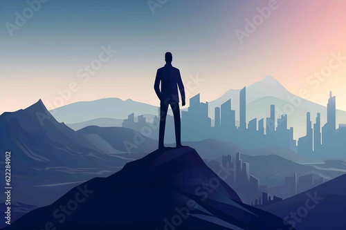 A businessman striking a heroic pose on a mountain summit. Exploring new paths and achieving business success. Persistence, leadership, and entrepreneurial spirit. Generative AI 