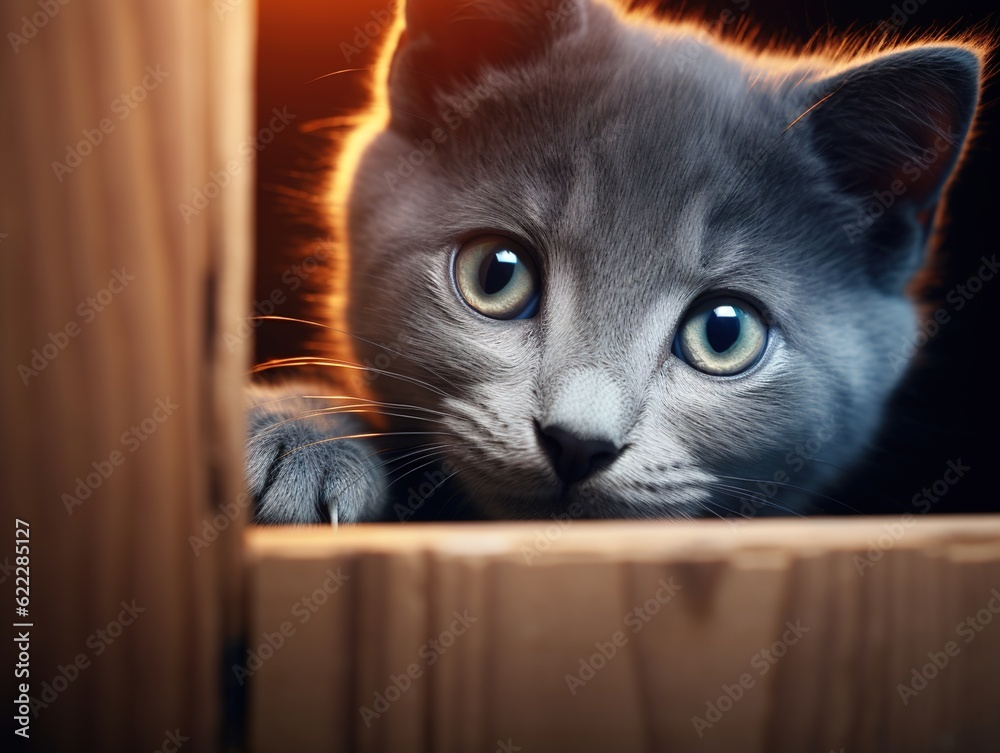 Russian Blue kitten peeking from a box (Generative AI)
