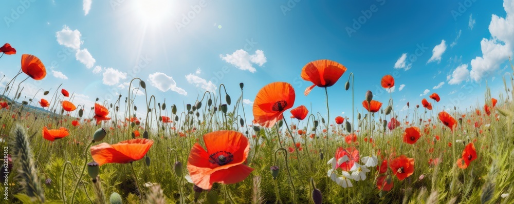 Close up beautiful banner red poppy flowers in summer in nature outdoors on sunny day against blue sky. Blooming poppies in wild. Ai generative.