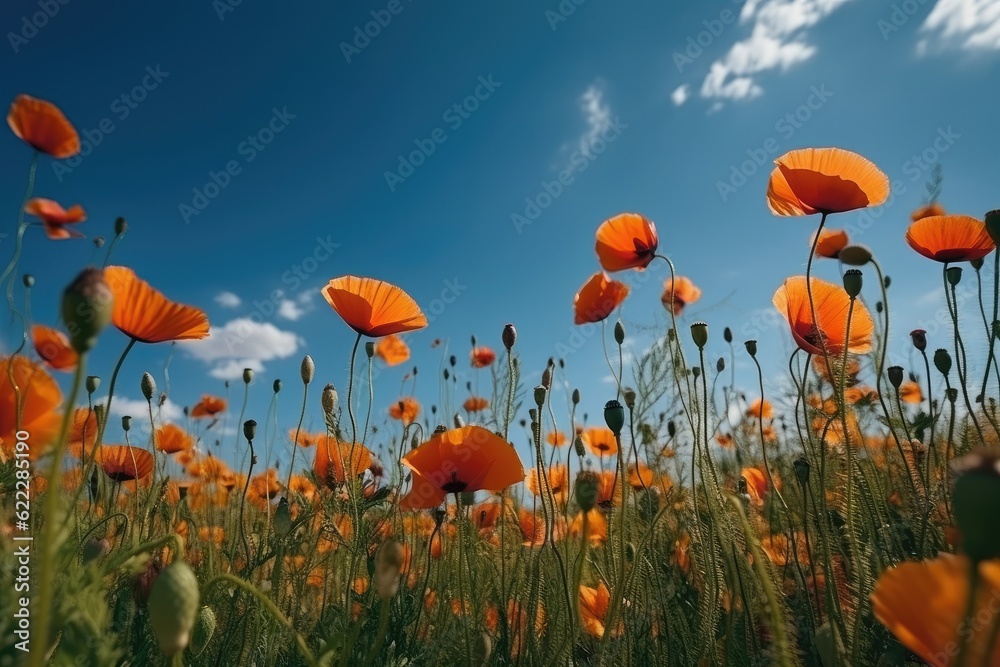 Obraz premium Close up beautiful red poppy flowers in summer in nature outdoors on sunny day against blue sky. Blooming poppies in wild. Ai generative.