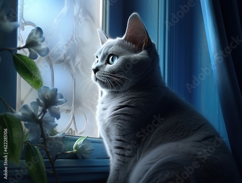 Russian Blue Cat in a window (Generative AI)