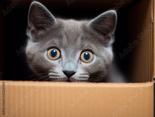 Russian Blue kitten peeking from a box (Generative AI)