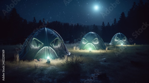 Alien camping on planet Earth. Extraterrestrial tents under the moonlight. Digital illustration.