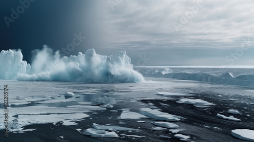 Water geysers shooting through glaciers in the cold icy ocean. Frozen world. Digital illustration.