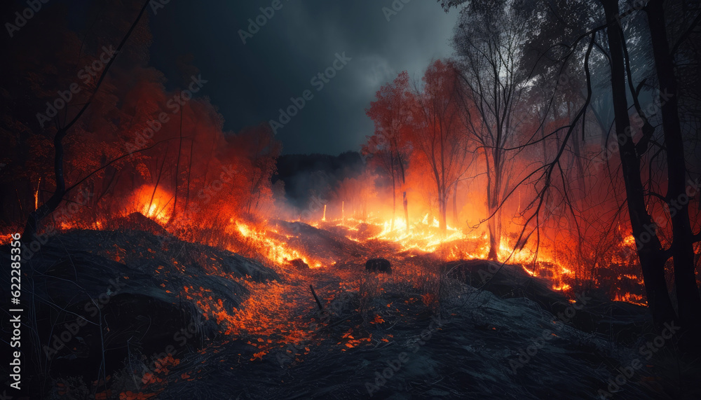 Devastating Beauty of a Burning Forest at Night, Crafted by Generative AI in a Dramatic Landscape Dark Wilderness Ablaze Witnessing the Intense Flames of a Nocturnal Forest Fire Devastating Beauty of a Burning Forest at Night, Crafted by Generative AI in a Dramatic Landscape Dark Wilderness Ablaze Witnessing the Intense Flames of a Nocturnal Forest Fire