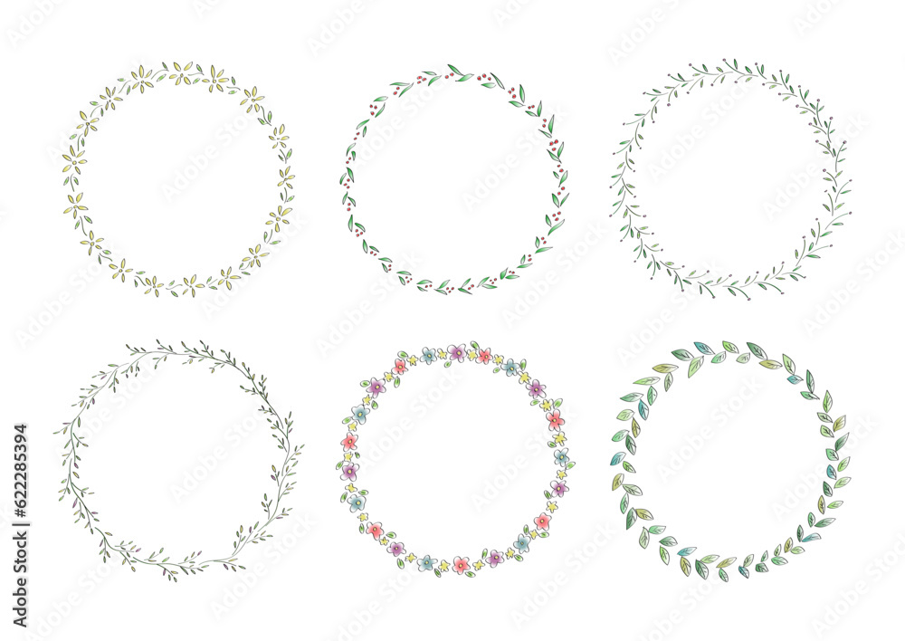 花の円形フレームイラストセット（線画）