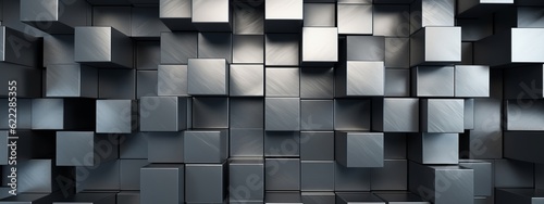 Abstract geometric metallic silver 3d texture wall with squares and square cubes background banner illustration with glowing lights, textured metal wallpaper (Generative Ai)