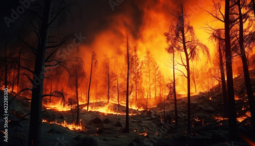 Devastating Beauty of a Burning Forest at Night, Crafted by Generative AI in a Dramatic Landscape Dark Wilderness Ablaze Witnessing the Intense Flames of a Nocturnal Forest Fire