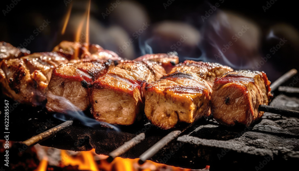 Smoky barbecue grill cooking chicken beef or pork meat dish with freshness and heat. Generative AI Smoky barbecue grill cooking chicken beef or pork meat dish with freshness and heat. Generative AI