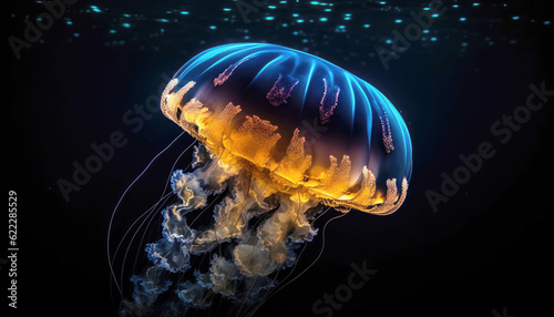 Experience the stunning beauty of marine life as a mesmerizing jellyfish gracefully swims through the underwater world. Generative AI © Virtual Art Studio