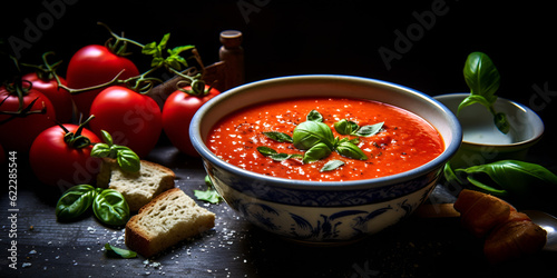 Delicious Fresh Tomato Soup with Basil Recipe Bowl of Flavorful Tomato Soup with Fresh Vegetables Ai Generated 