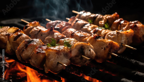 Smoky barbecue grill cooking chicken beef or pork meat dish with freshness and heat. Generative AI