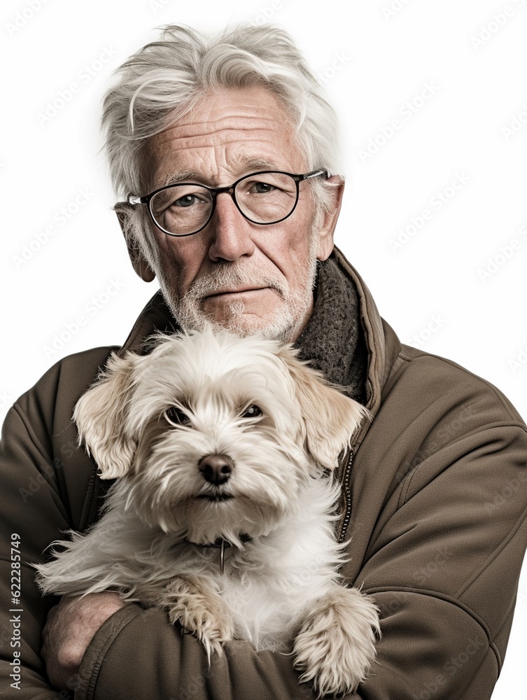 senior man with his dog. Studio shot. similarity between owner and pet. AI generative