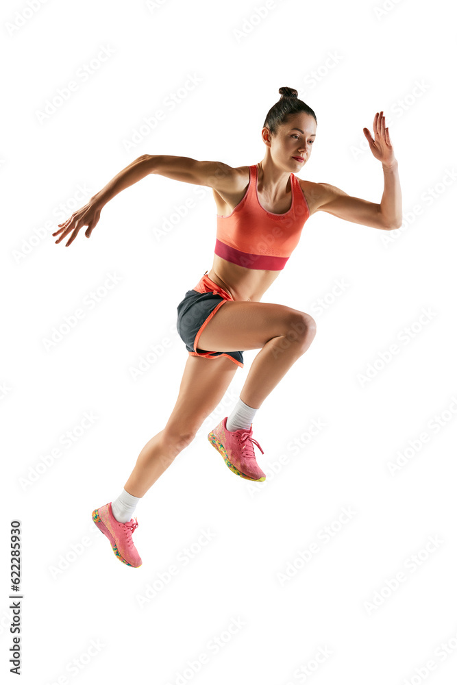 Athletic young woman in sportswear train, running isolated over transparent background. Sprinter