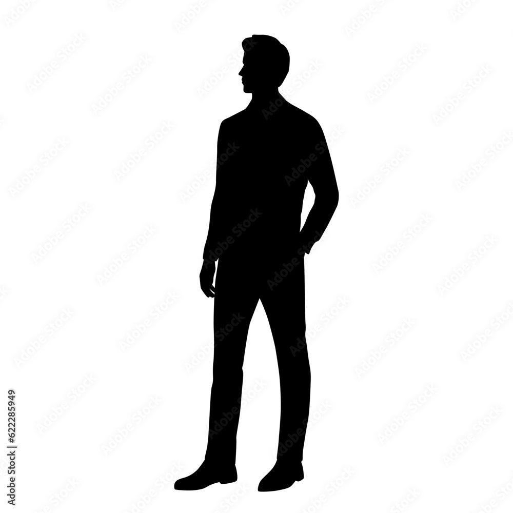 Vector silhouette of man  standing, profile, business people, black color,  isolated on white background