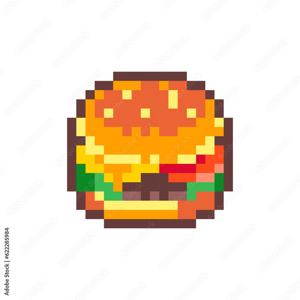 Pixel Art Burger. Retro 8 bit Style Fast Food Burger  with Cheese or Ham. Illustration. Ideal for Sticker, Retro Decorative Element, Game Asset, Emoji, or Cute Geek Avatar.