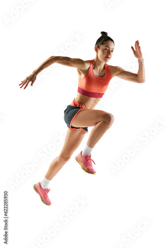 Athletic young woman in sportswear train, running isolated over transparent background. Sprinter