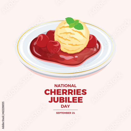National Cherries Jubilee Day vector illustration. Dessert made with cherries and liqueur and vanilla ice cream vector. Cherry sauce and a scoop of vanilla ice cream on a plate drawing. September 24