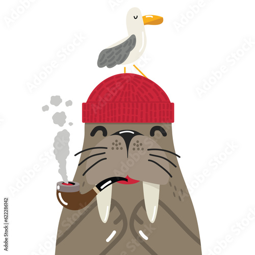  Cute walrus with gull cartoon