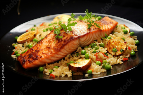 Fried rice with grilled salmon fillet steak