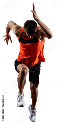 Front view. Dynamics. Muscular young man, professional athlete in motion, running isolated over transparent background photo