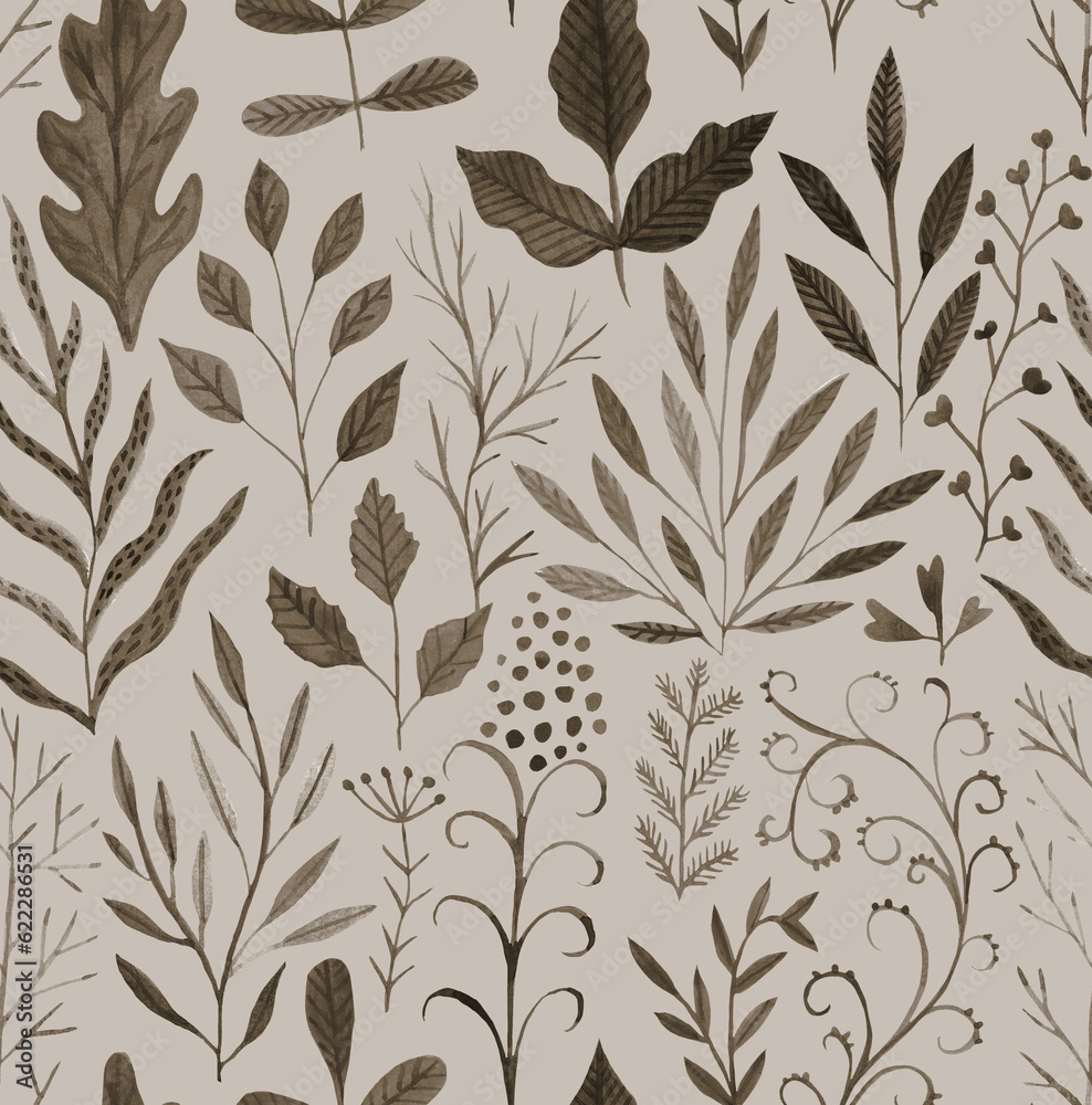 Fototapeta premium Green watercolor leaf seamless pattern. Composition of green leaves and branches on a white background, perfect for wrappers, wallpapers, postcards, greeting cards