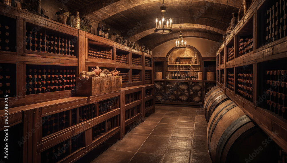 Vintage Wine Cellar Exploring the Wooden Rows of Barrels and Generative