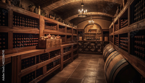 Vintage Wine Cellar Exploring the Wooden Rows of Barrels and Generative AI Artistry in an Enchanting Winery Winemaking Interior Splendors and Oak Barrel Rows Craftsmanship