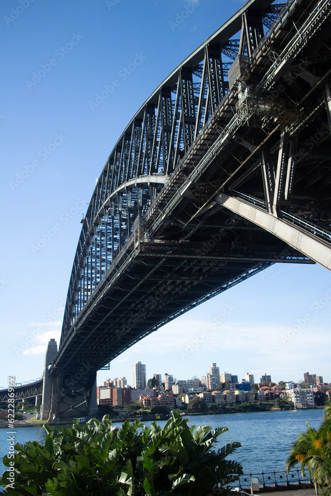 Sydney Harbour Bridge underside against a blue sky Sydney Harbour Bridge underside against a blue sky