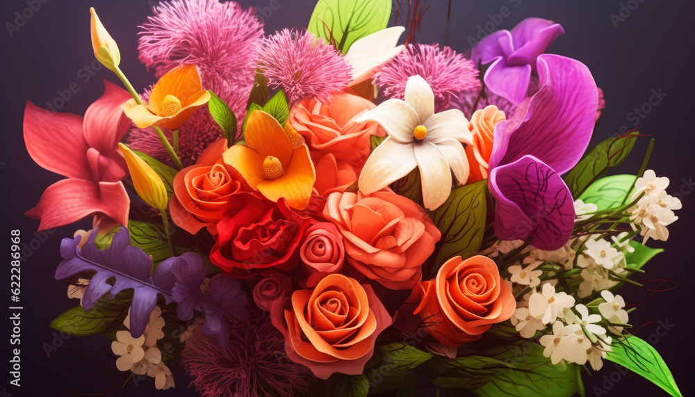 A stunning Diverse blooms bouquet of fresh flowers in vibrant colors, including pink and yellow roses, showcases nature delicate beauty. Generative AI A stunning Diverse blooms bouquet of fresh flowers in vibrant colors, including pink and yellow roses, showcases nature delicate beauty. Generative AI