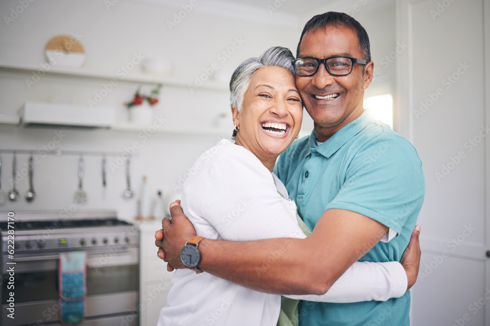Obraz premium Happy, hug and smile with portrait of old couple for support, love and relax. Happiness, kindness and peace with senior man and woman in embrace at home for marriage, trust and retirement together