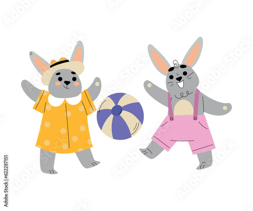 Cute Bunny Tourist Playing Ball Together Having Summer Resort Vacation Vector Illustration